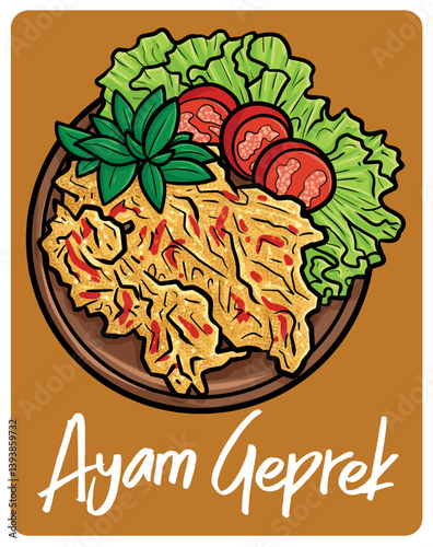 Funny ayam geprek, a traditional cuisine from Indonesia in cartoon style