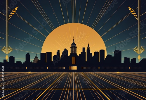 Art Deco style skyline silhouette with geometric starburst and linear patterns, gold accents, linear, shadow