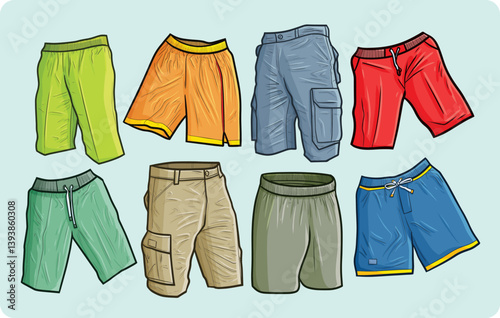 Cool and trendy men's shorts cartoon illustration set