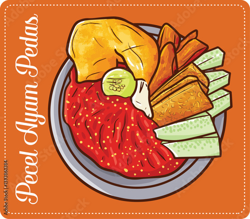 Pecel ayam pedas, a traditional food from Indonesia in cartoon style
