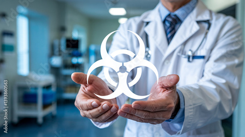 A medical professional's hands holding a floating white biohazard symbol in a hospital setting. The hands are wearing