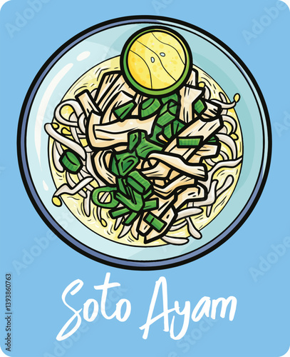 Soto ayam, a traditional food from Indonesia in cartoon style.