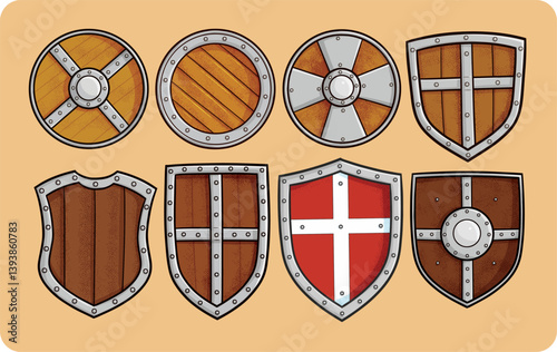 Funny simple wooden and metal shields in cartoon style collection