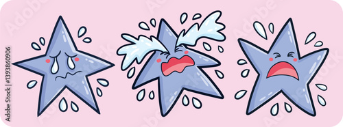 Cute and funny blue star cartoon characters set in sad expressions
