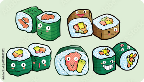 Cute and funny sushi cartoon character set