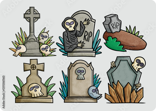 Funny and scary tombstone in cartoon style set