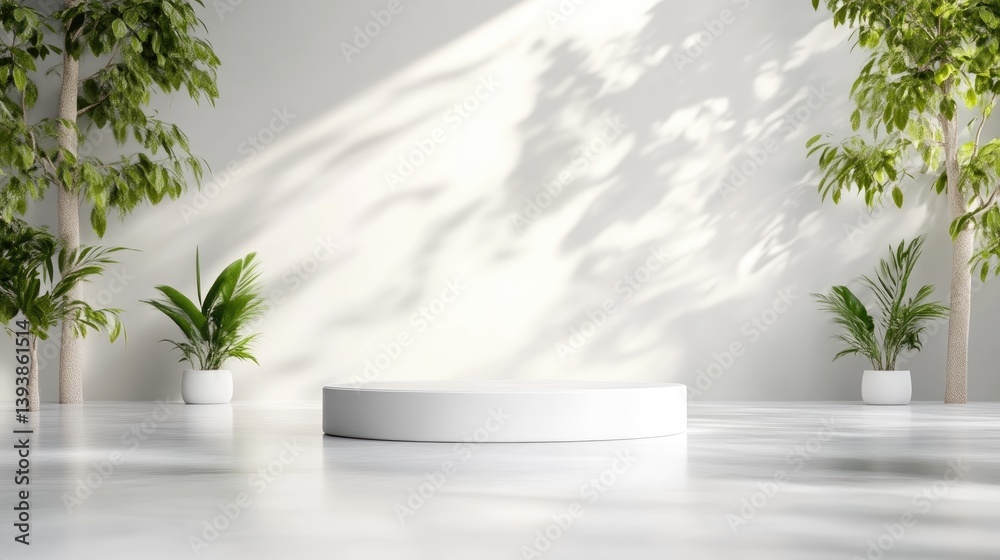 Fototapeta premium Empty white circular podium, sunlit room with plants