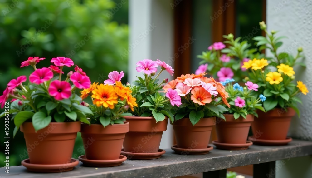 Beautiful diversity of potted flowers creating a colorful display on balcony, flowers, vibrant Beautiful diversity of potted flowers creating a colorful display on balcony, flowers, vibrant
