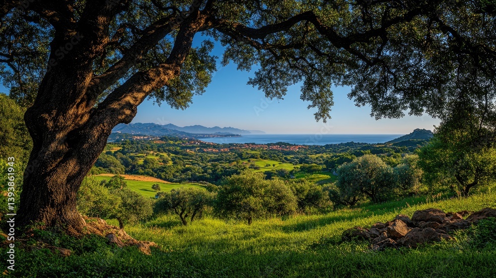 Serene landscape with olive groves and ocean view. Lush greenery, a large tree, and distant coastal town Serene landscape with olive groves and ocean view. Lush greenery, a large tree, and distant coastal town