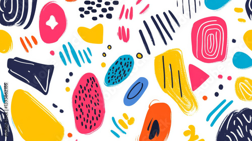 Colorful abstract shapes and playful patterns create vibrant