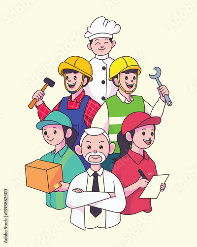 Various workers united in solidarity, representing different professions to celebrate International Labor Day