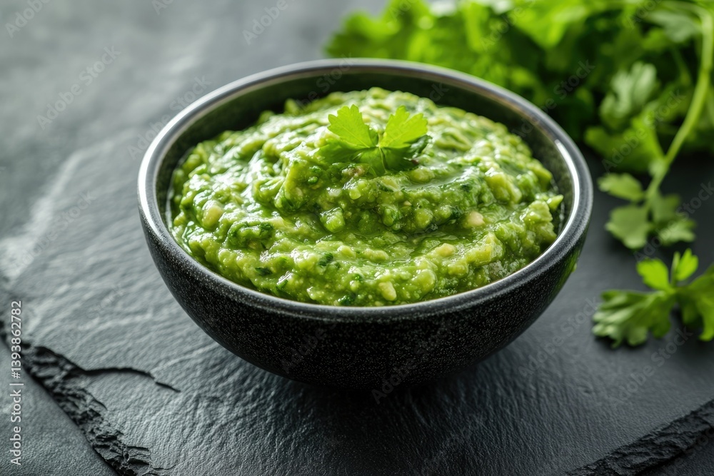 Creamy green avocado cilantro dip in a dark bowl, garnished with fresh cilantro. Creamy green avocado cilantro dip in a dark bowl, garnished with fresh cilantro.