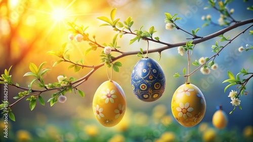 Ornate Easter eggs hang from a blossoming spring branch bathed in sunlight