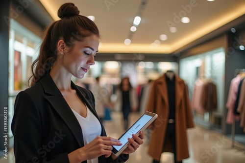 woman working in a stylish fashion store, interacting with a tablet device. She stands near a blurred backdrop of upscale clothing racks in a brightly lit shopping mall.