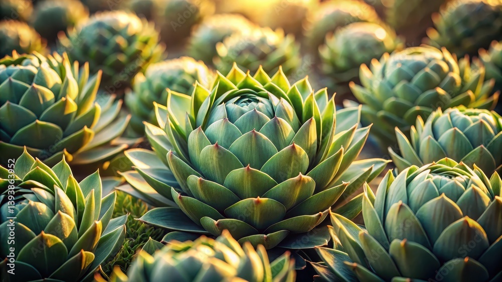 Obraz premium Golden Hour Succulents A Field of Vibrant Green Plants Basking in Warm Sunlight