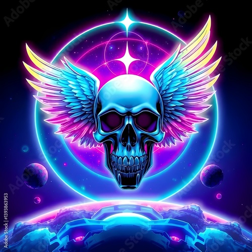 
 A bright pink skull with wide neon wings glowing in cosmic light. Stars orbit the figure, adding depth and fantasy to the visual theme.