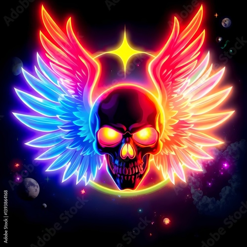 Fiery winged skull blazing with intense red and yellow hues. A powerful cosmic energy surrounds the skull, radiating strength and dominance
