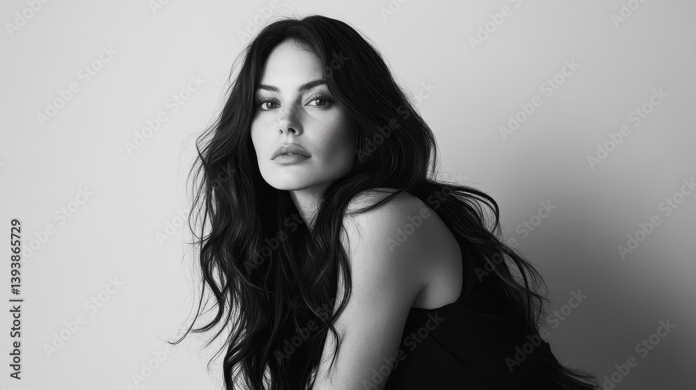 Naklejka premium Minimalist portrait of a woman dressed in black, with flowing long hair, facing the camera directly, symmetrical composition, white background, and shallow depth of field.