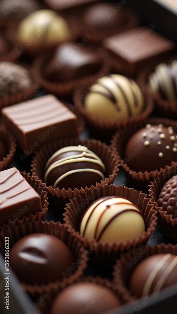 Assortment of gourmet chocolates. The photo shows a variety of chocolates, including truffles, bonbons, and squares Assortment of gourmet chocolates. The photo shows a variety of chocolates, including truffles, bonbons, and squares