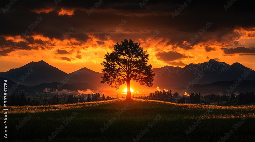 Obraz premium Silhouette tree at sunset over mountains