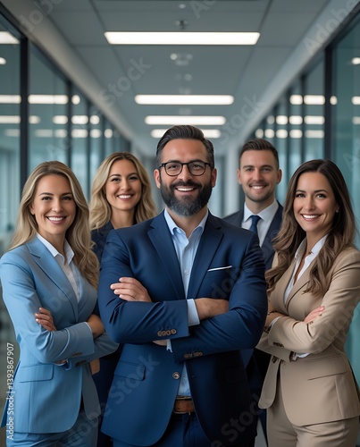 Confident business team standing together in a modern office corridor, symbolizing professional collaboration, leadership, and corporate success in a workplace environment
