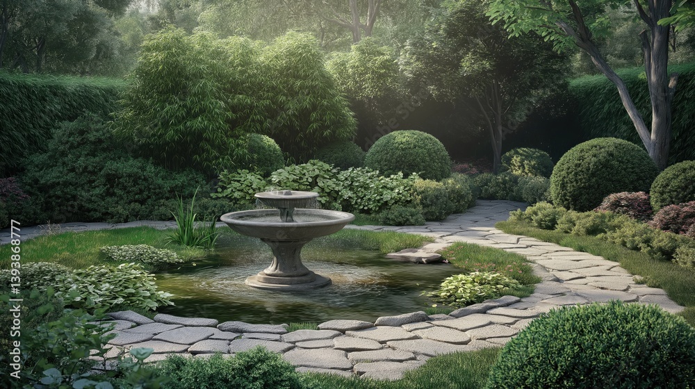 A meticulously landscaped garden scene featuring a small pond with a fountain A meticulously landscaped garden scene featuring a small pond with a fountain