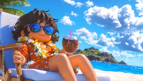 Happy girl relaxing beach coconut.