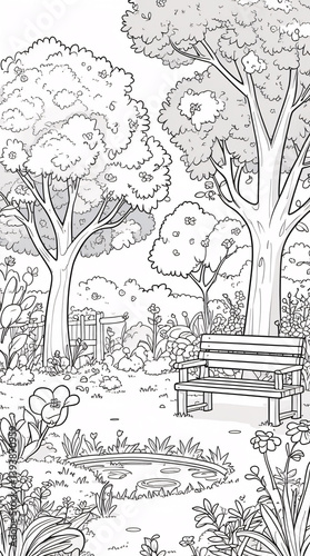 simple line art drawing of park with trees and bench beside pond ideal for adult coloring and relaxation premium classic art illustration for coloring book