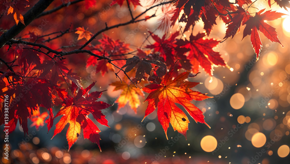 Red Maple Leaves Glow in Autumn Sunlight with Bokeh Background Red Maple Leaves Glow in Autumn Sunlight with Bokeh Background