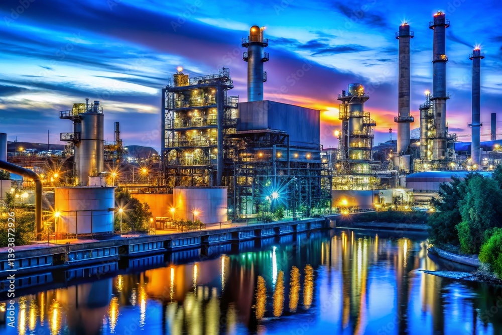 Naklejka premium Industrial Plant Reflecting in Water at Dusk