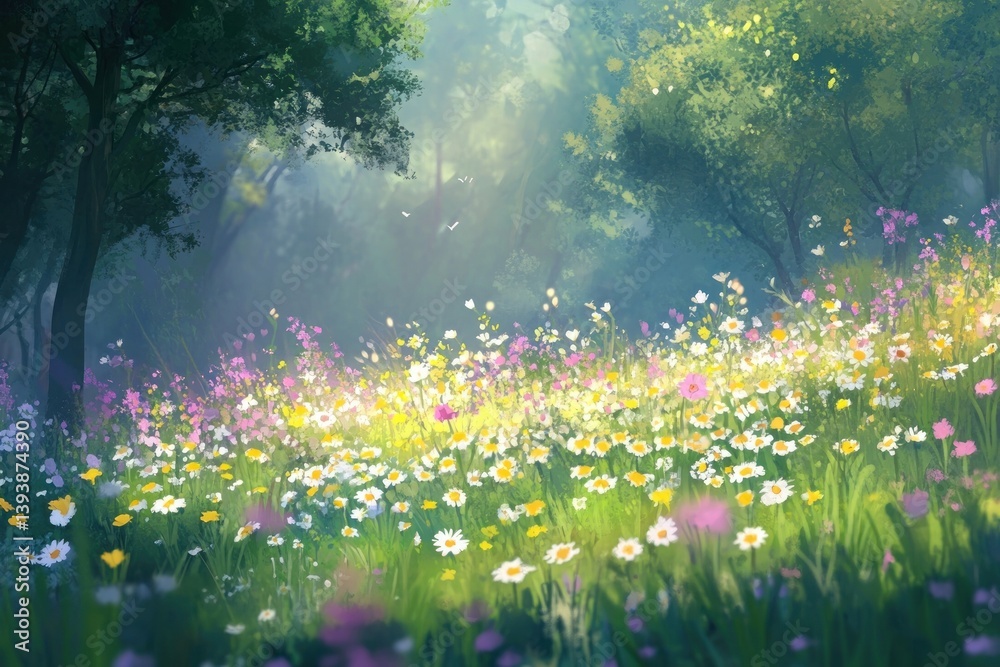 Fototapeta premium Spring meadow flowers nature trees.