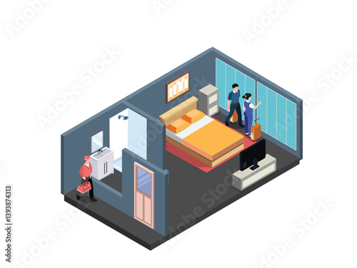 Isometric vector illustration depicting a hotel room interior