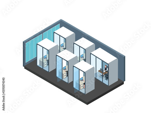 modern office layout with individual capsule workstations or pods