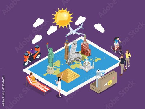 Isometric vector illustration depicting a travel poster featuring global landmarks