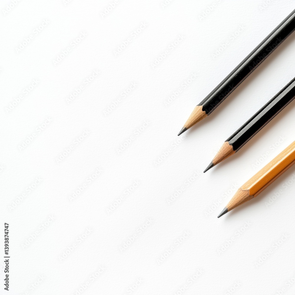 Three pencils of different colors resting on a blank white surface, creating a minimalist and creative workspace atmosphere. Three pencils of different colors resting on a blank white surface, creating a minimalist and creative workspace atmosphere.