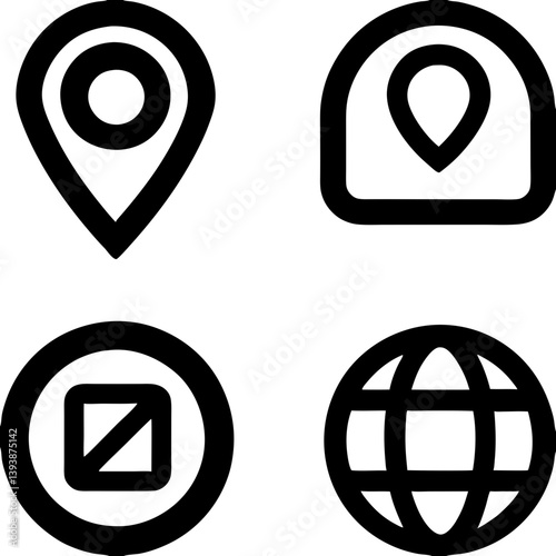Bold location icons symbolizing global navigation, simple map markers and a compass, displayed in a striking black and white style.