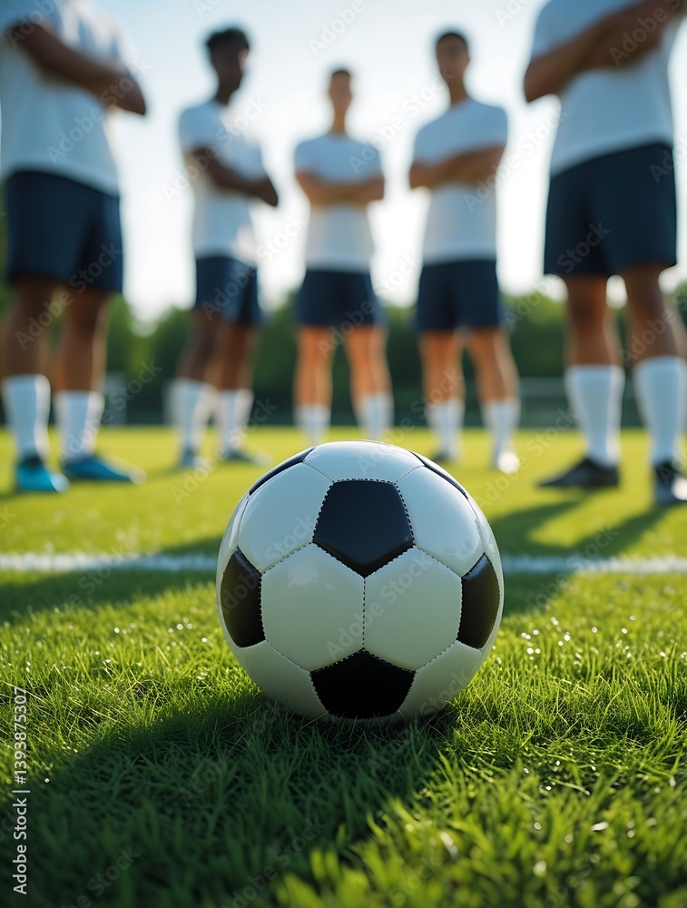 Fototapeta premium Focused view of a soccer ball on vibrant green grass with players standing in blurred background, highlighting teamwork, preparation, and anticipation before a match begins 