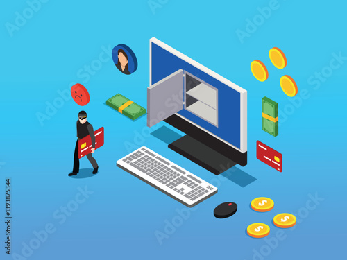 Isometric vector illustration depicting cybercrime and online theft