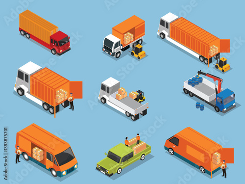 Isometric vector illustration depicting a fleet of delivery vehicles and logistics operations