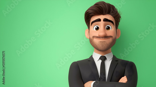 3D Animated Male Business Character with Dark Hair on Green Background