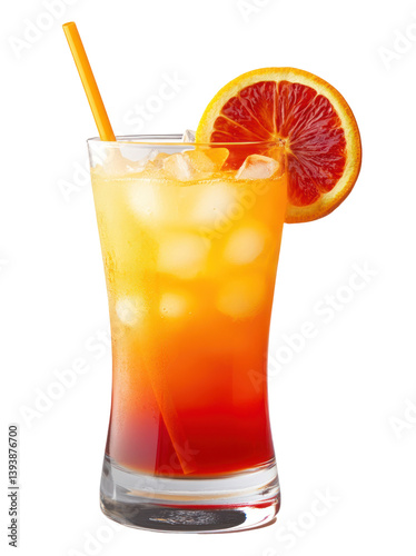 Refreshing tropical drink served in a tall glass with ice, garnished with a slice of orange, against a bright background