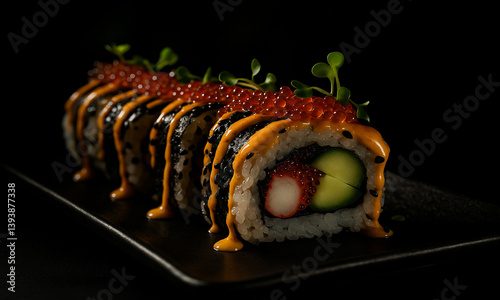 Gourmet sushi roll with sauce and microgreens on plate