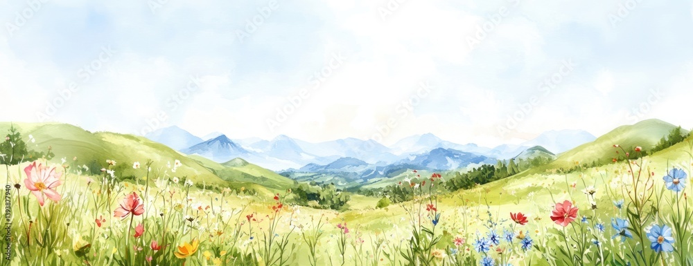 Fototapeta premium Nature in Watercolor nature meadow illustration.