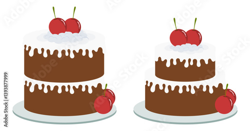 Chocolate cake with icing decorations and cherries	