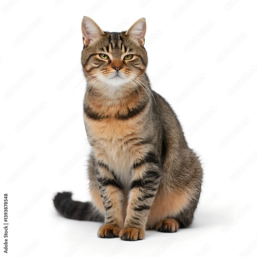 Obraz premium Alert Tabby Cat Sitting Against White Background, Generative AI