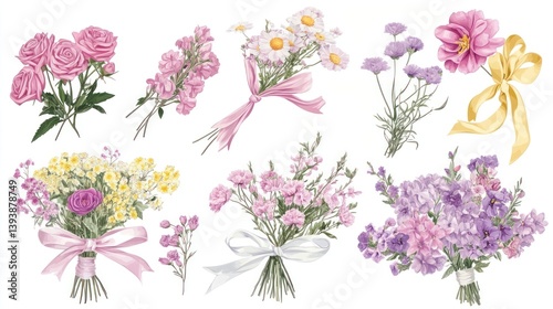 Flower bouquets with ribbons and bows flowers art illustration.