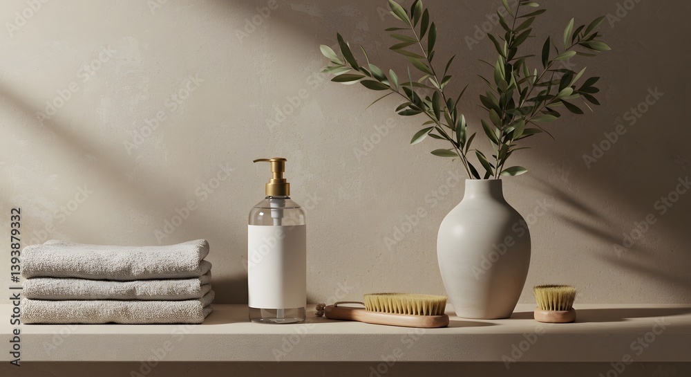 Elegant bathroom still life with soft towels, hand soap, brushes, and a vase of greenery against a textured neutral wall and soft natural light. Elegant bathroom still life with soft towels, hand soap, brushes, and a vase of greenery against a textured neutral wall and soft natural light.