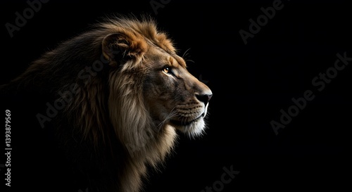 Wallpaper Mural Majestic lion headshot, captured in profile against a stark black backdrop, highlighting the powerful grace and regal beauty of nature's king. Torontodigital.ca
