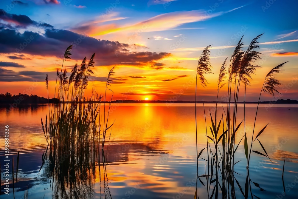 Serene Sunset Reflections on a Rippling Lake Silhouetted Reeds Capture Tranquil Evening Light Serene Sunset Reflections on a Rippling Lake Silhouetted Reeds Capture Tranquil Evening Light