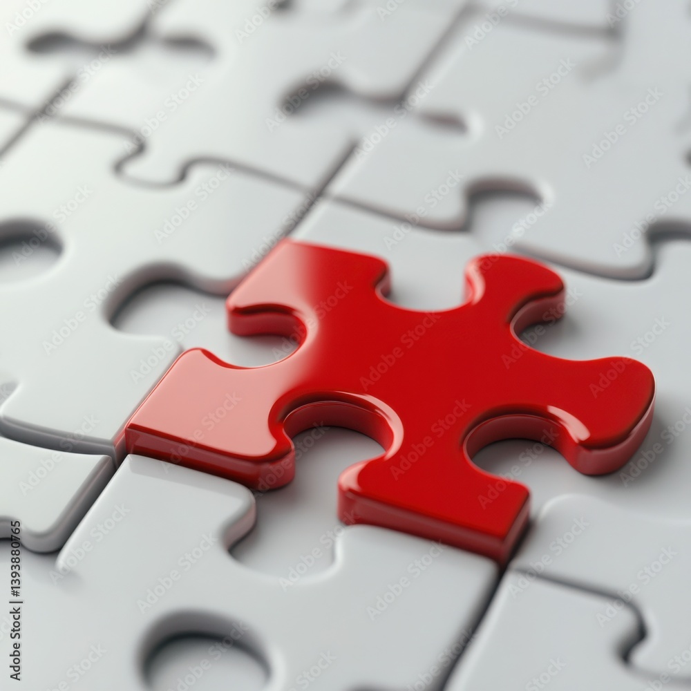 Fototapeta premium Unique Red Jigsaw Puzzle Piece Standing Out on White Background